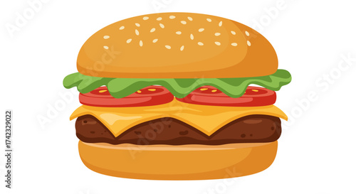 Cartoon Hamburger with Lettuce Tomato Cheese and Sesame Seed Bun.