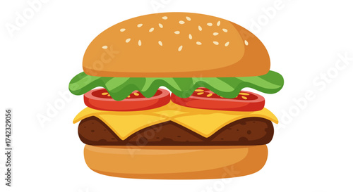 Cartoon Burger with Lettuce Tomato Cheese and Sesame Seed Bun.