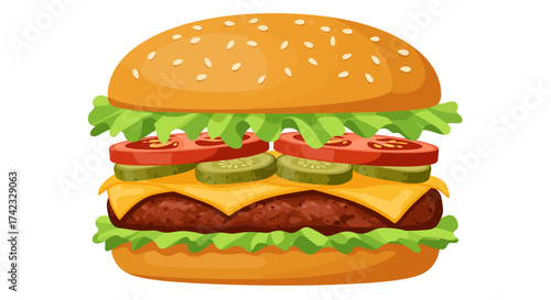 Cartoon Burger with Lettuce Tomato Pickles and Cheese.