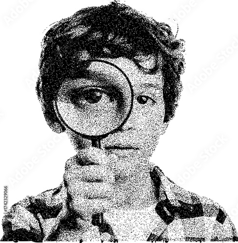 Person looking through a magnifying glass, close-up of eye, black and white stippled illustration