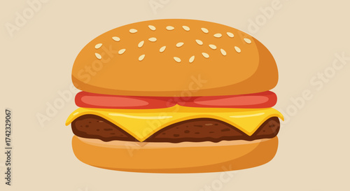 Cartoon Cheeseburger with Sesame Seed Bun and Tomato.