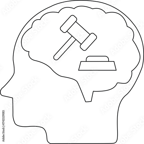 line icon of human brain head and judge's gavel icon