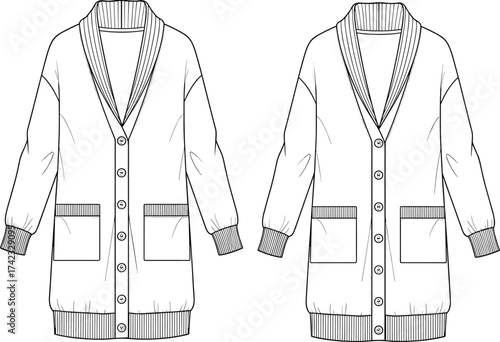 Long cardigan sweater, deep V neck design, ribbed shawl collar knitwear, patch pocket cardigan, button 