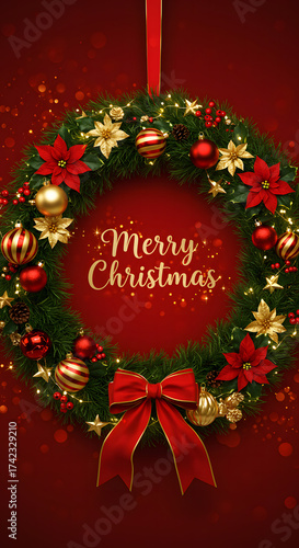 Merry Christmas holiday greeting card frame with a red ribbon bow wreath and pine tree branch illustration vector