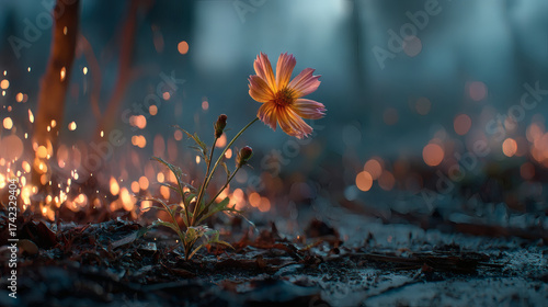 A vibrant pink flower emerges from a scorched earth surrounded by flames representing hope and resilience