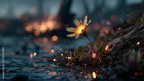 A vibrant pink flower emerges from a scorched earth surrounded by flames representing hope and resilience