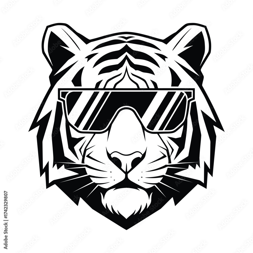 Fototapeta premium Minimalist black and white tiger head logo with angular sunglasses isolated on white background