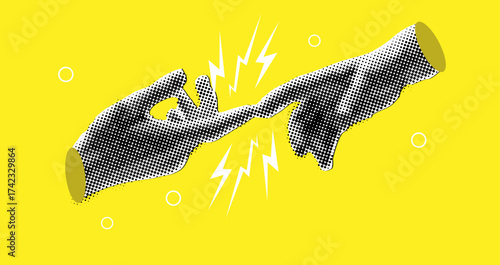 Hands touching each other in retro halftone style,trendy collage elements cut out from paper