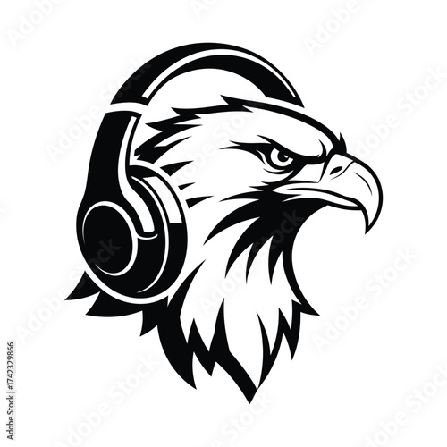 Modern black and white eagle head with headphone logo isolated on white background