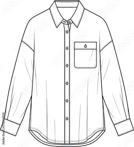 Long sleeve shirt, button up fashion sketch, classic collar design, flap pocket shirt, relaxed fit garment, clothing flat illustration, casual wear