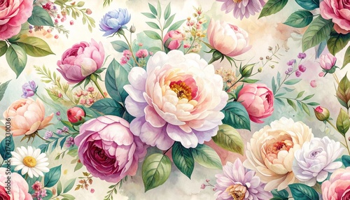A watercolor seamless botanical pattern featuring roses, peonies, and delicate wildflowers. Soft gradients and painterly brush textures add elegance and romance.