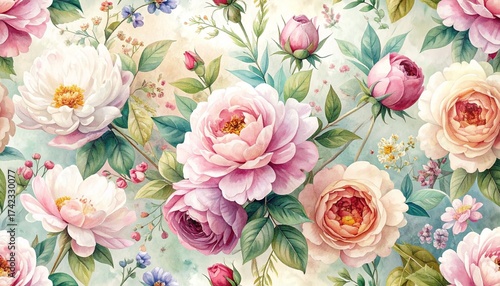 A watercolor seamless botanical pattern featuring roses, peonies, and delicate wildflowers. Soft gradients and painterly brush textures add elegance and romance.