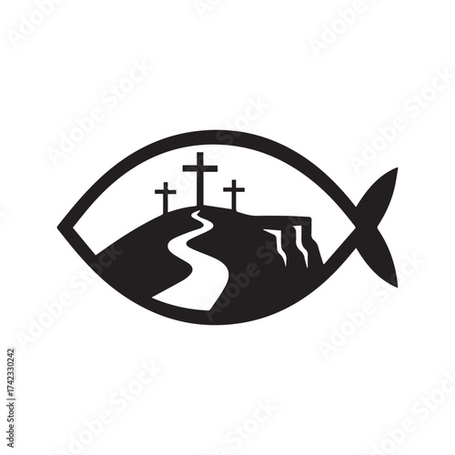 Christian Fish Symbol with Calvary Hill and Three Crosses. Religious Ichthys Logo Vector for the Church.
