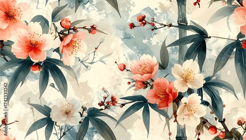 A seamless botanical design inspired by Japanese washi paper, with cherry blossoms, bamboo, and ink-brush textures. Perfect for cultural textiles, wallpapers, and prints.