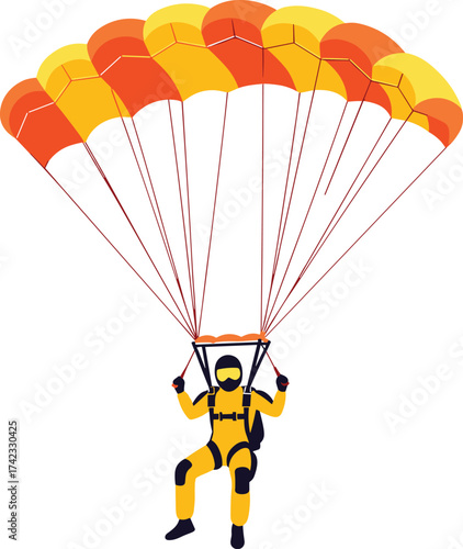 Parachuting man illustration, skydiver flying with orange and yellow parachute, extreme sport adventure concept vector design for aviation art