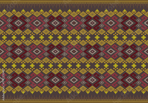 Thai Traditional Textile Pattern in Gold and Red  Elegant Geometric Fabric Design
