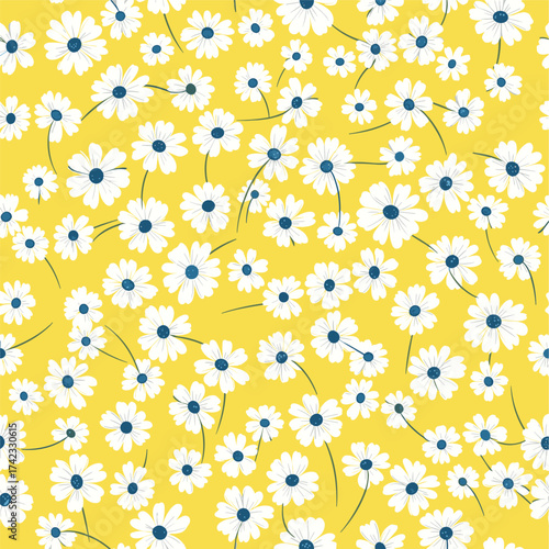 A cheerful scattering of tiny white daisies with dark blue centers on a vibrant sunny yellow background.