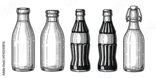 Vintage glass bottles collection sketch set