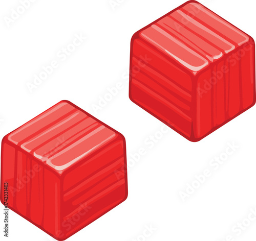 Red cube candy illustration, sweet jelly dessert, sugary treat in bright color, delicious confectionery design for food and snack concept