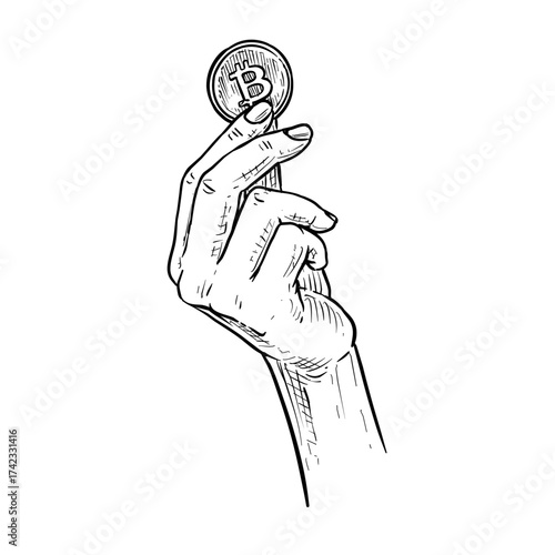 hand holding bitcoin vector line art hand drawn illustration