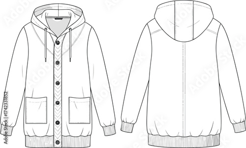 Men’s hooded cardigan jacket, technical fashion illustration, apparel design sketch, garment construction drawing, button front clothing design, ribbed cuff outerwear