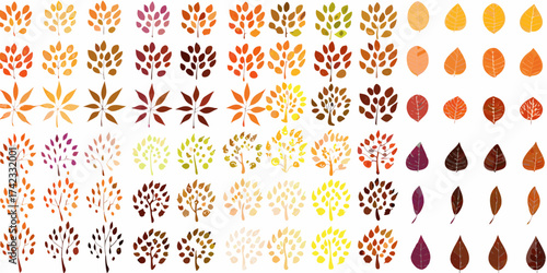 Collection of watercolor autumn leaves and trees in various colors and styles