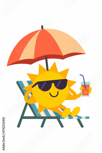 Sun character relaxing on beach chair with umbrella and drink, flat vector illustration, white background