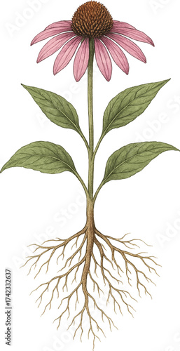 Echinacea flower with roots isolated on white