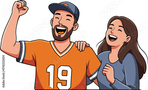 Cartoon couple celebrating victory, sports fan illustration, cheering people, joyful lifestyle moment, happy supporters, enthusiastic celebration, modern colorful character design