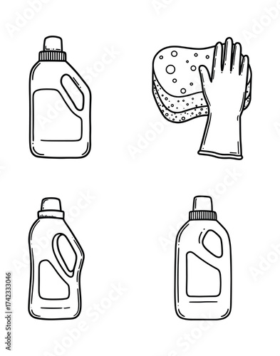 Cleaning Product Bottles and Glove with Sponge