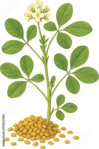 Fenugreek seeds with leaves and flowers