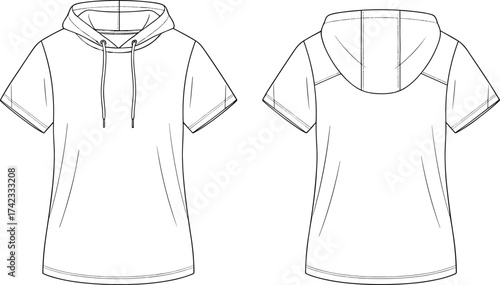 Short sleeve hoodie, fashion flat sketch, raglan sleeve design, drawstring hood garment, casual streetwear illustration, relaxed fit clothing drawing