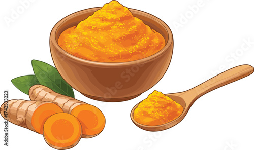 Turmeric paste in wooden bowl and spoon, organic spice illustration, natural herbal ingredient, healthy food, Ayurveda healing concept