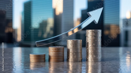 Stacks of coins with arrow pointing up showing growth in front of city buildings indicating financial success and investment growth