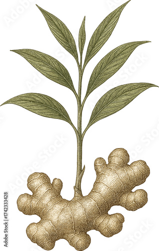 Ginger root with sprouting leaves