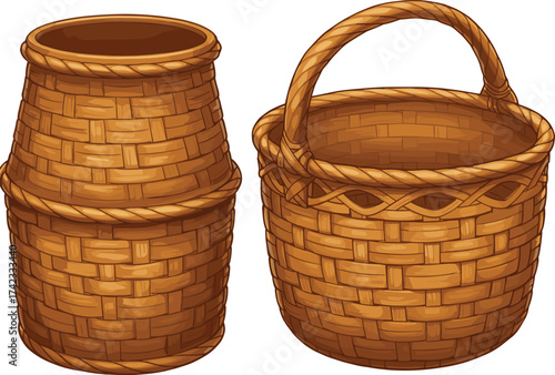 Traditional woven basket and bamboo container illustration, handmade wicker crafts, eco friendly rustic storage design, natural household decor, vintage art style
