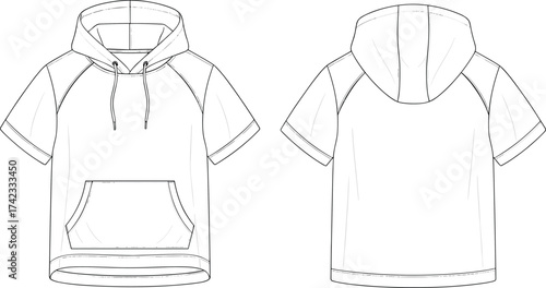 Short sleeve hoodie, fashion flat sketch, raglan sleeve sweatshirt, drawstring hood design, kangaroo pocket hoodie, casual streetwear garment illustration