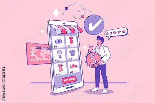 E-commerce platform concept. A satisfied user makes a successful purchase from an online store via laptop and a mobile application. Metaphor for omnichannel retail and a great user experience 