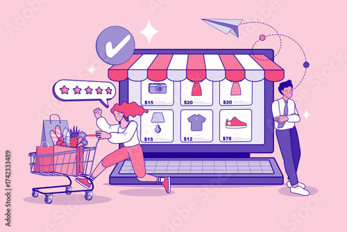 A happy customer gives a 5-star rating for an online shopping app. A man with a dollar coin gives a thumbs-up after a successful purchase. Concept of customer satisfaction, positive reviews, and e-com