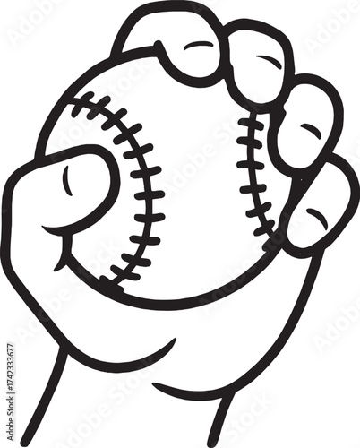 Hand gripping baseball tightly linear vector