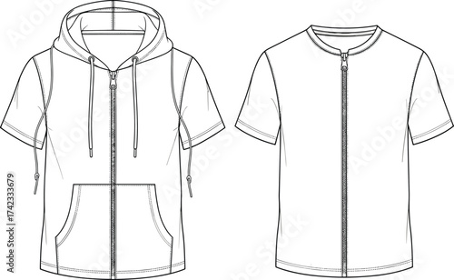 Short sleeve hoodie, zip up shirt sketch, drawstring hood design, kangaroo pocket hoodie, zipper front shirt, casual fashion illustration