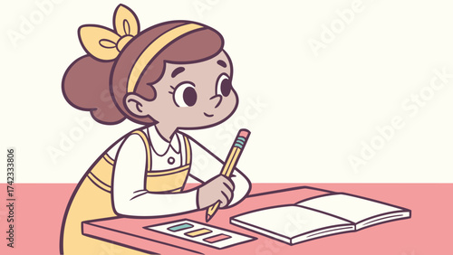 Cute cartoon girl writing in notebook at the desk