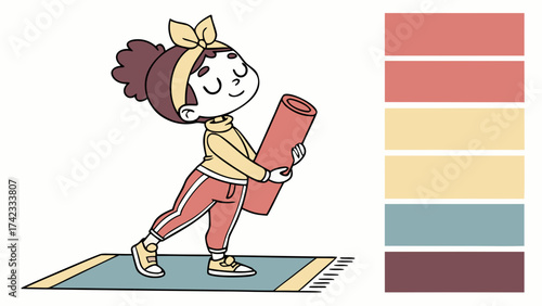 Cute cartoon girl holding yoga mat after workout