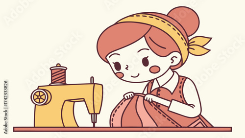 Cartoon Woman sewing a dress with a machine