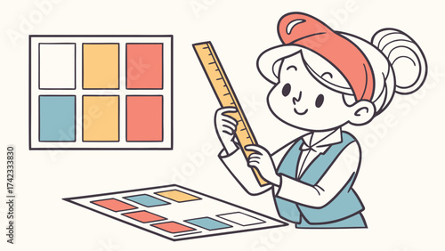 Cute cartoon artist measuring a color palette for design
