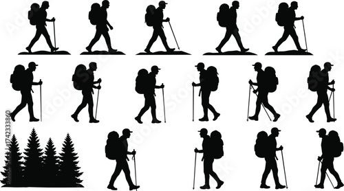 Hiking silhouette vector set with trekkers carrying backpacks and poles, outdoor adventure illustration with pine trees, nature exploration graphic design