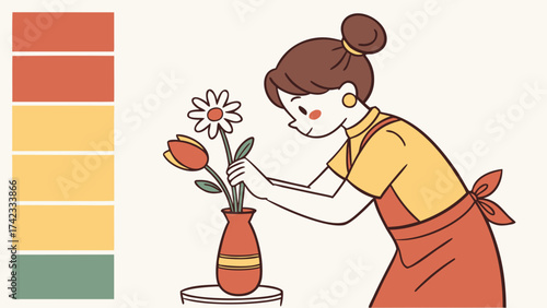 Woman arranging flowers in a vase cartoon illustration