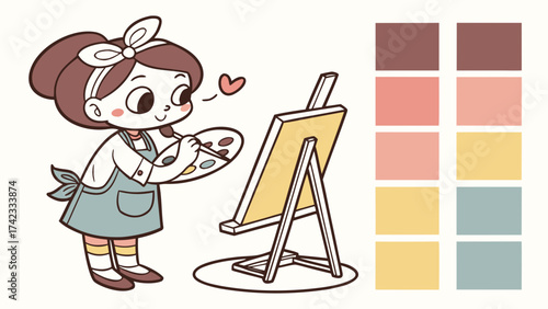 Cartoon girl painting a canvas with a happy expression