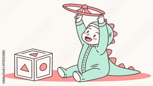 Cute baby in dinosaur outfit playing happily with toy