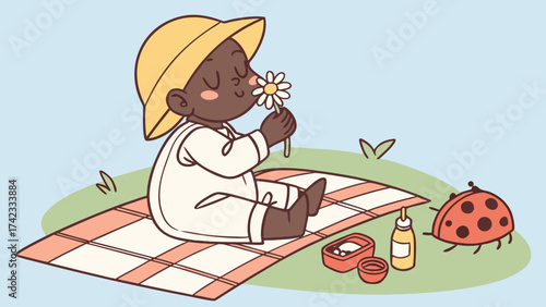 Cartoon baby smelling a daisy flower during a picnic outdoors